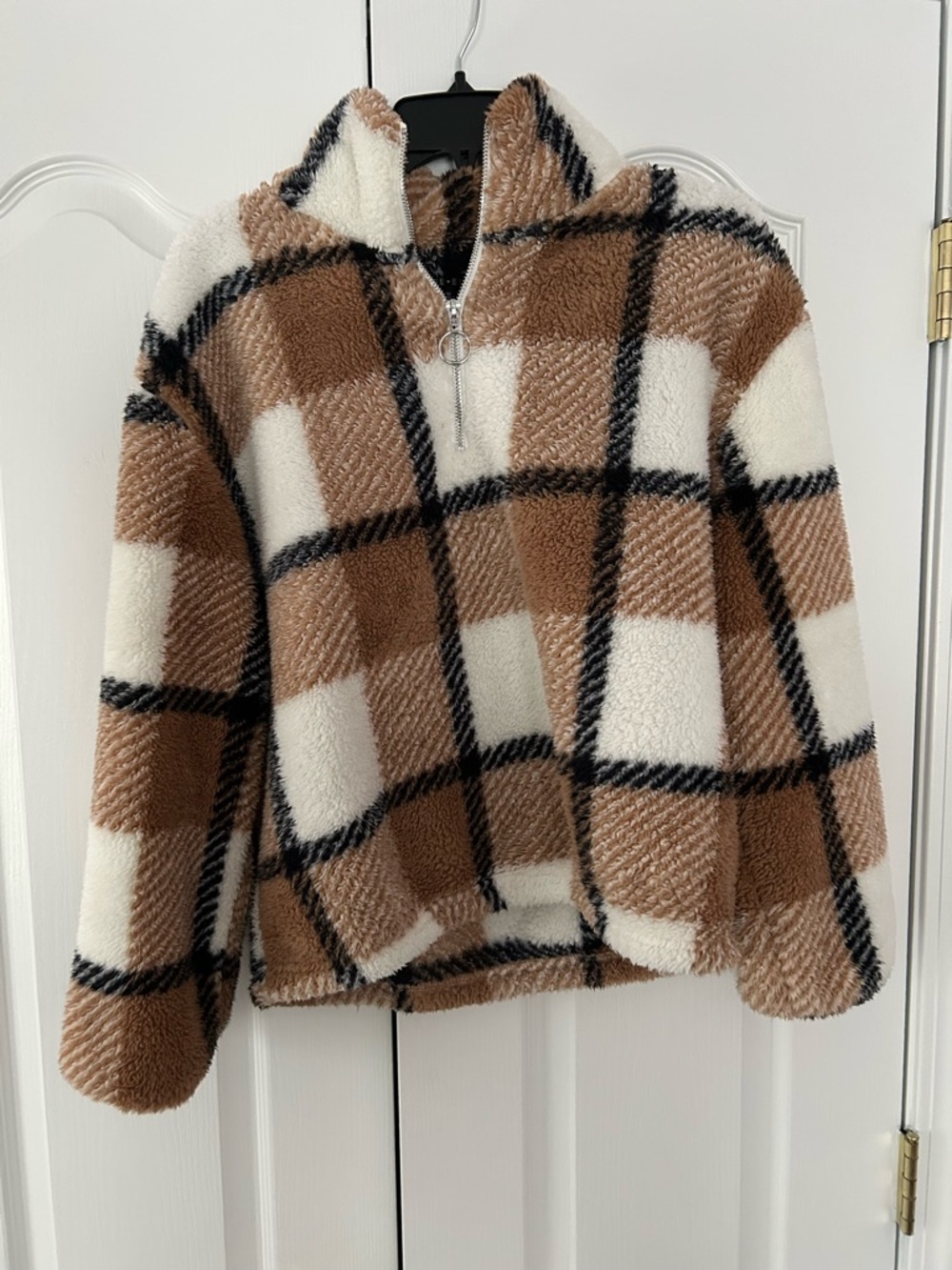 Kids Plaid Sherpa Half-Zip Jacket - Brown & Cream